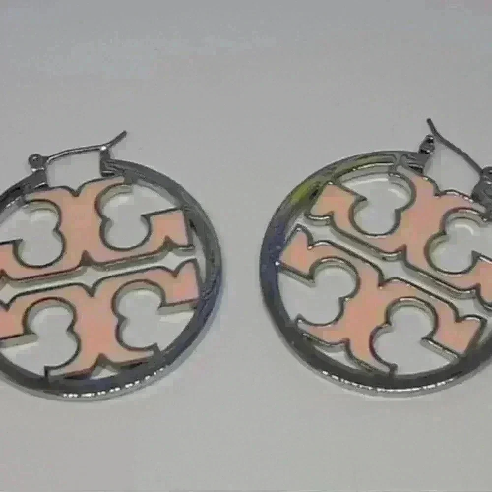 Tory Burch Two-Tone Logo Cutout Hoop Earrings - Peach and Silver